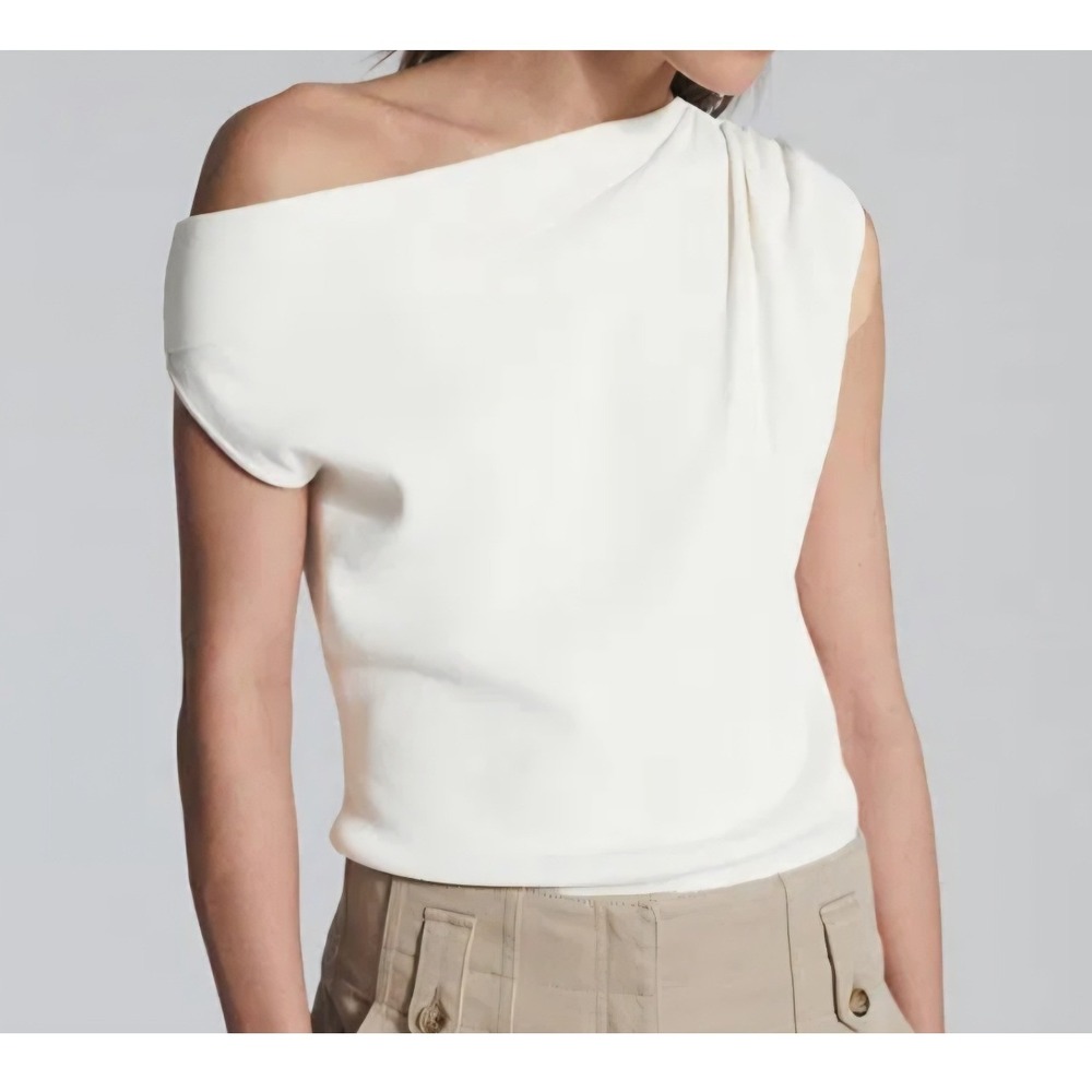 Reiss Mila Asymmetrical One Shoulder Ribbed Top Cream White Small